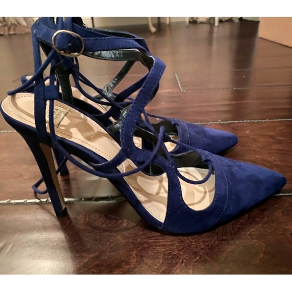 Zara‎ Navy Blue Suede Heels Eith Straps 38 - Picture 2 of 7
